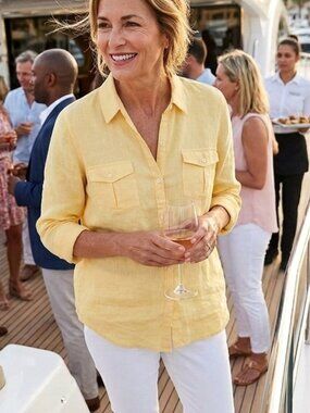 LL Bean Womens Linen Shirt XL Yellow Long Sleeve